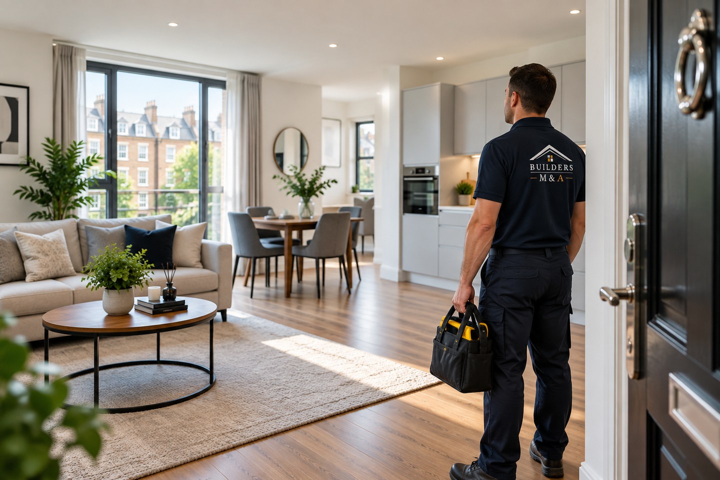 Builders M&A property-care professional attending a well-maintained residential property